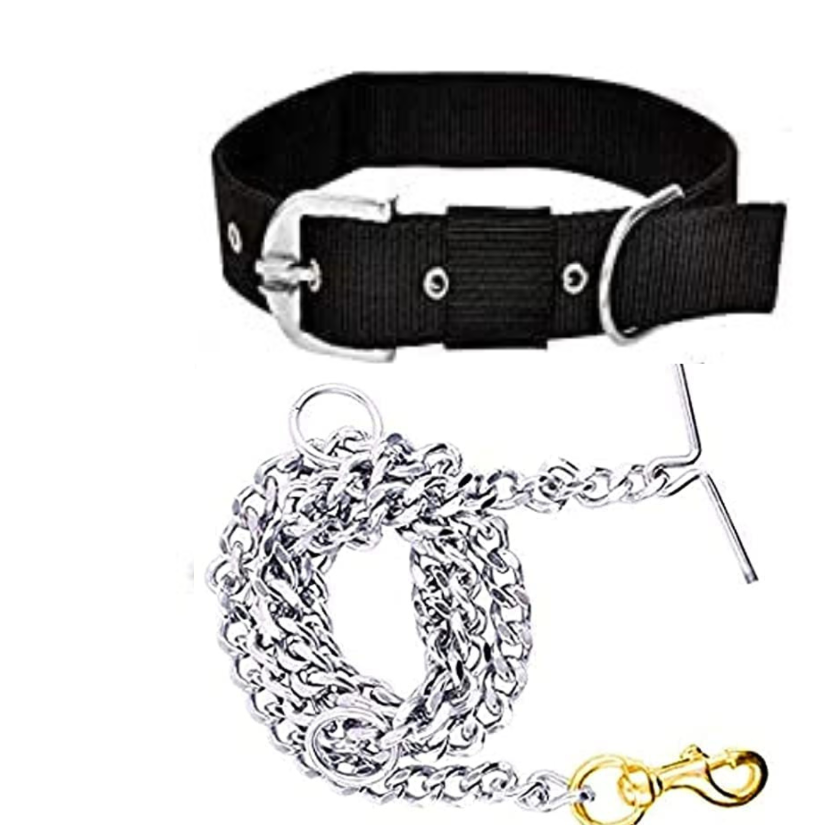 Set of Grinded Dog Chain Leash with Brass Hook + Nylon Dog Collar.