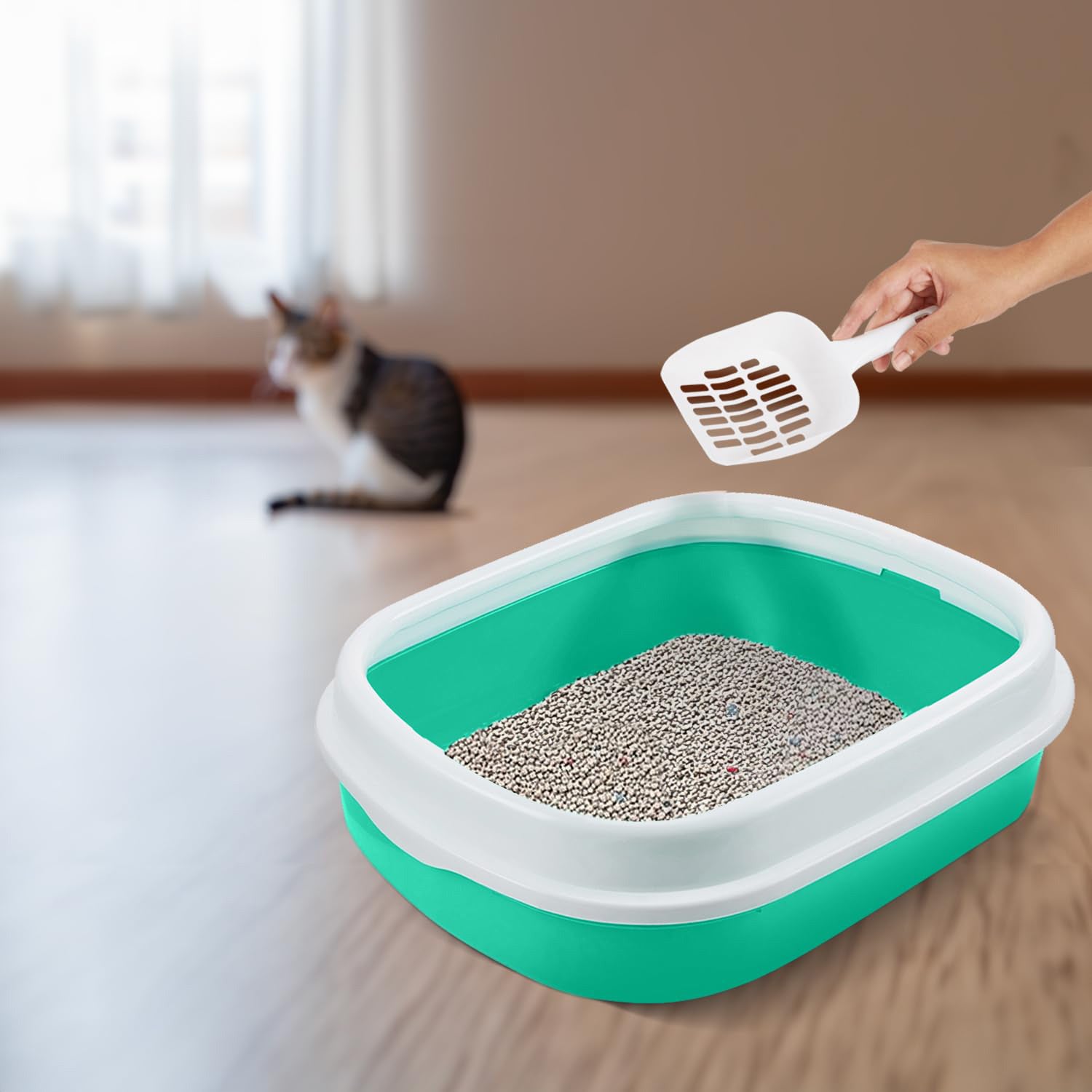 Cat Litter Tray with Rim and Free Litter Scopper